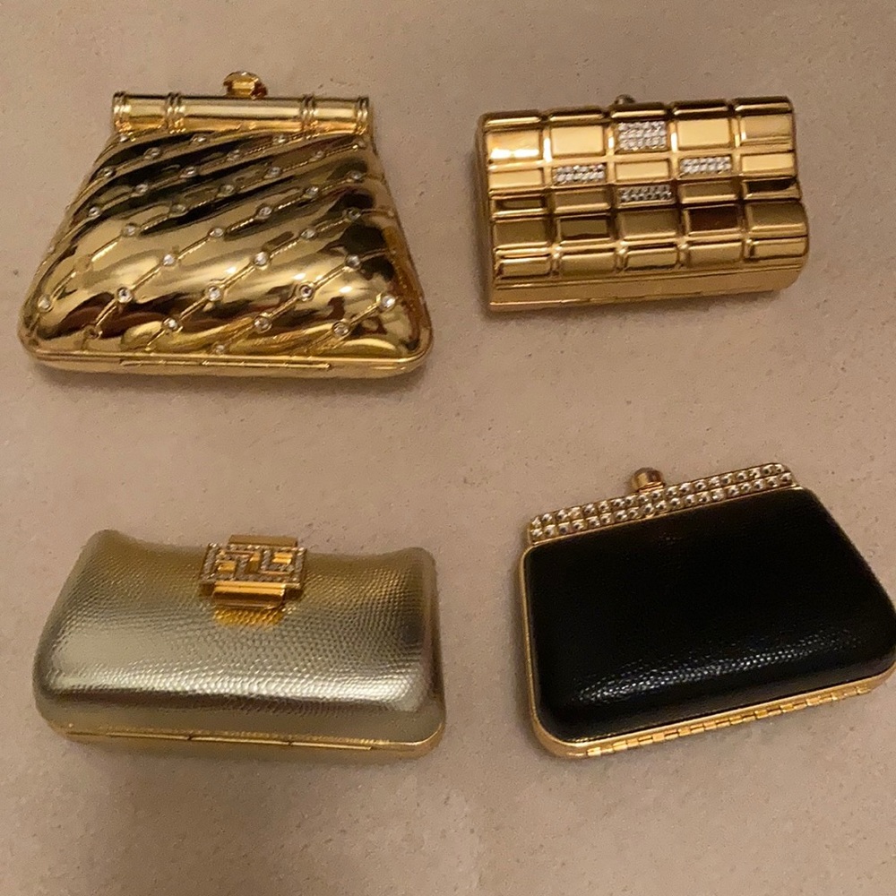 Evening purses, gold, silver, and black